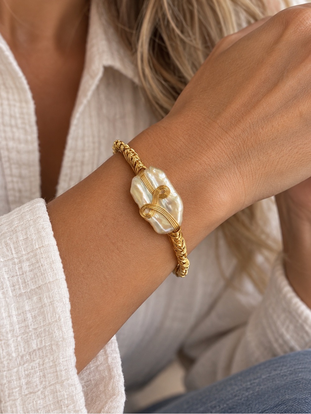 Freshwater Baroque Pearl 18k over Copper Wire-Wrap Open Bangle - Women Jewelry